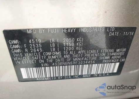 2015 Subaru Legacy 2.5I Limited z USA, uszkodzony, nr VIN 4S3BNBN6XF3034456